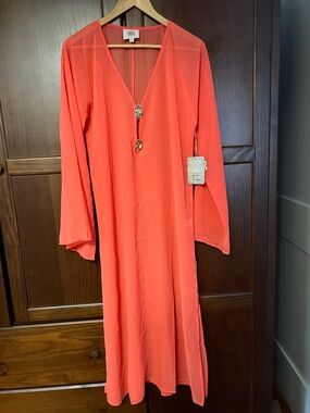 True Destinations Camellia Resort Sheer Chiffon Coral Kimono CoverUp Size S NWT